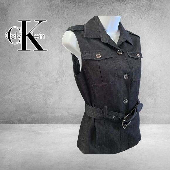 Calvin Klein Denim Stretch Belted Sleeveless Vest, Black, Gunmetal Accents, Sz.2 - Picture 4 of 12